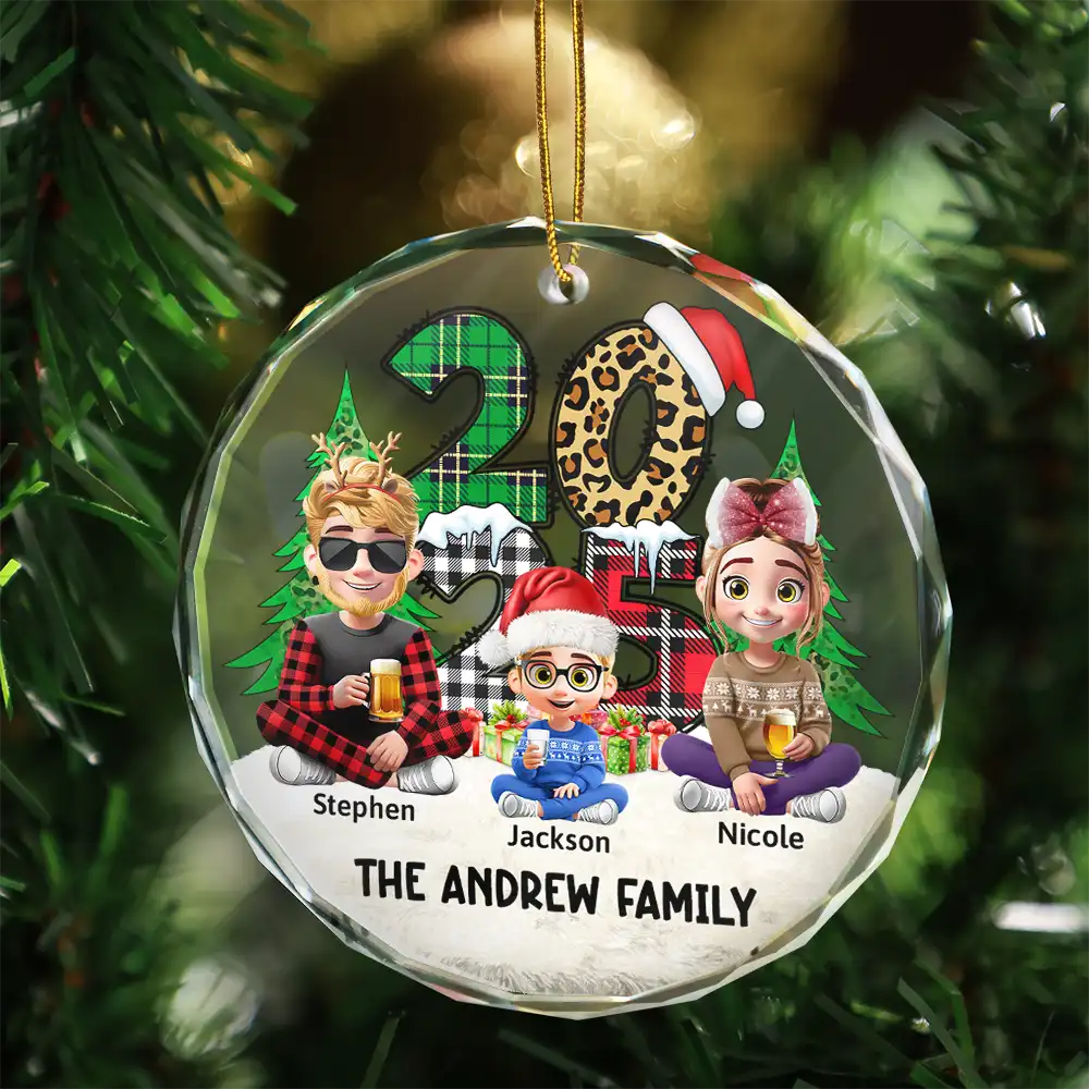 Family Sitting Together - Personalized Circle Glass Ornament - Image 3