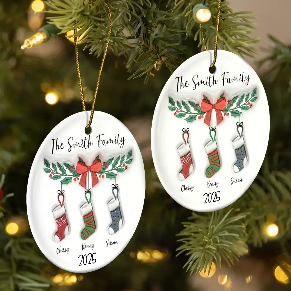 Family Stocking - 3D Inflated Effect Printed Ornament, Personalized Circle Ceramic Ornament - Image 2