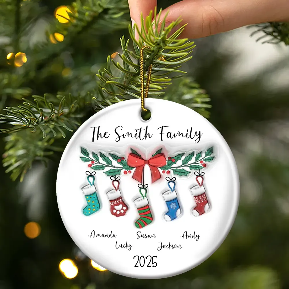 Family Stocking - 3D Inflated Effect Printed Ornament, Personalized Circle Ceramic Ornament - Image 3