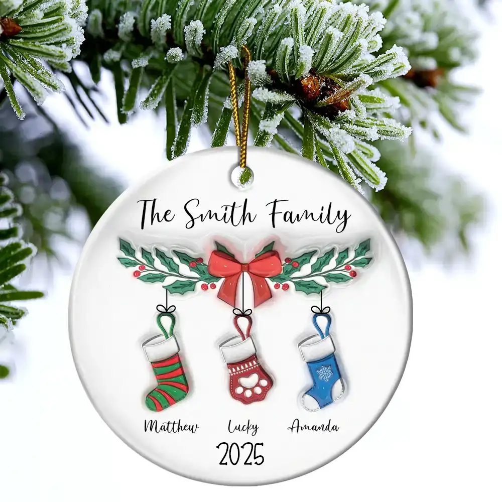 Family Stocking - 3D Inflated Effect Printed Ornament, Personalized Circle Ceramic Ornament - Image 4