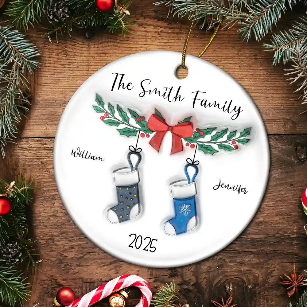 Family Stocking - 3D Inflated Effect Printed Ornament, Personalized Circle Ceramic Ornament - Image 5