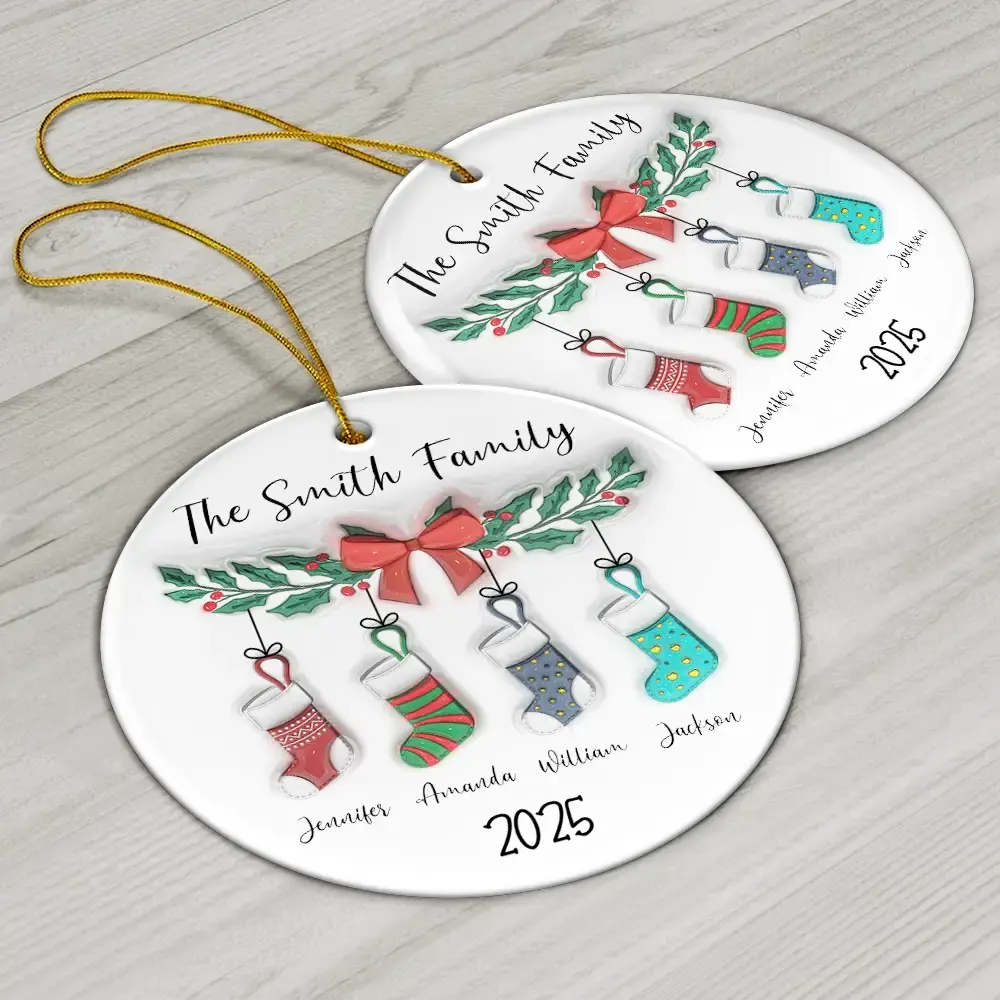 Family Stocking - 3D Inflated Effect Printed Ornament, Personalized Circle Ceramic Ornament - Image 6