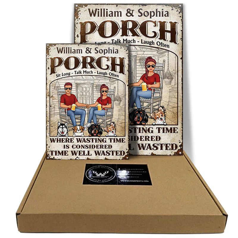 Family The Porch Time Well Wasted - Gift For Couples And Dog Lovers - Personalized Custom Classic Metal Signs - Image 3