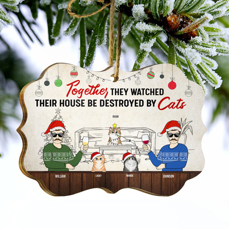 Family Together Their House Be Destroyed By Pets Dog Cat - Christmas Gift For Couple - Personalized Custom Wooden Ornament - Image 3