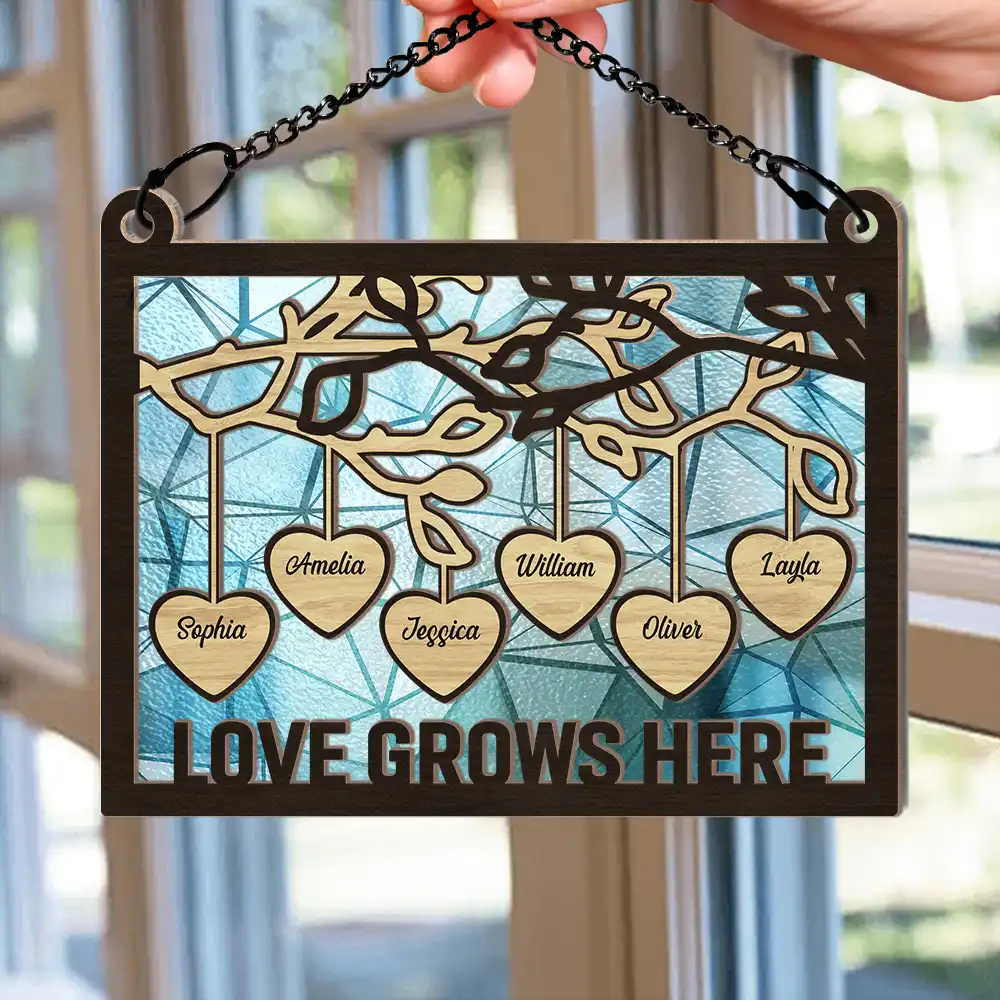 Family Tree Wood Love Grows Here - Personalized Window Hanging Suncatcher Ornament - Image 2