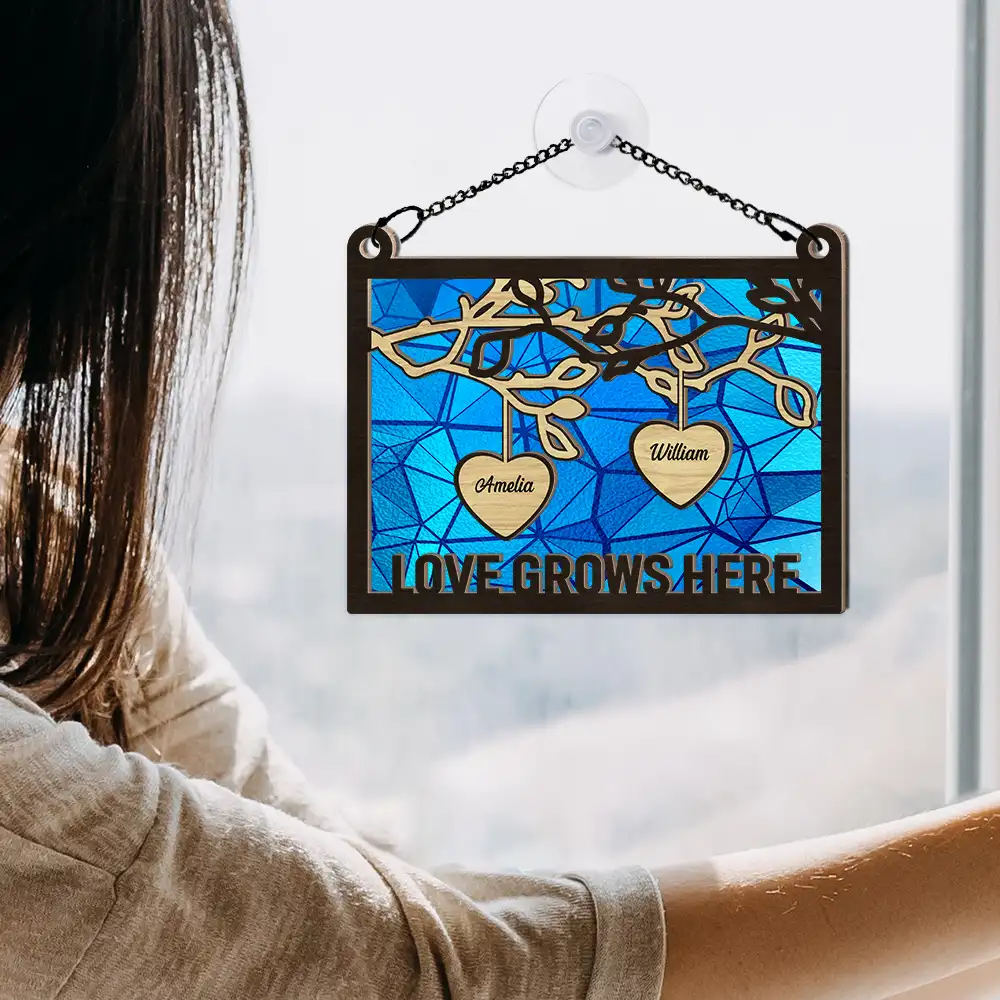Family Tree Wood Love Grows Here - Personalized Window Hanging Suncatcher Ornament - Image 4