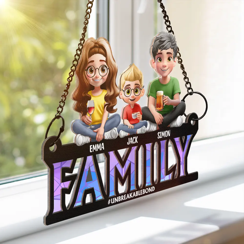 Family Unbreakable Bond Forever Dad & His Children - Personalized Window Hanging Suncatcher Ornament - Image 3