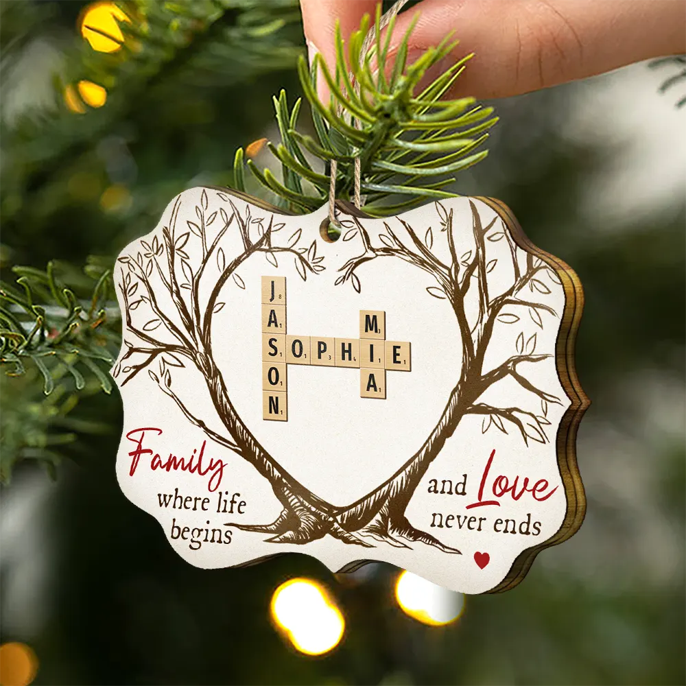 Family Where Life Begins And Love Never Ends Crossword Scrabble - Personalized Medallion Wooden Ornament - Image 3