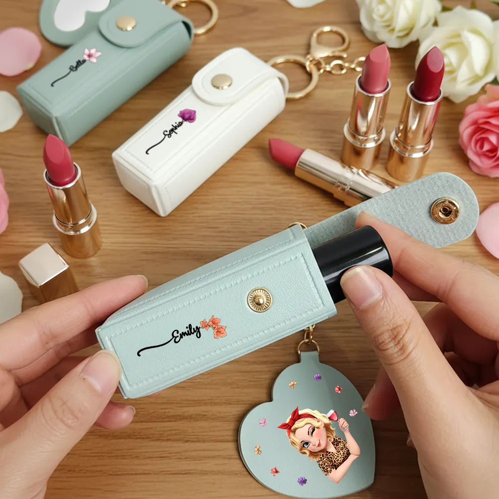 Fancy Girl Woman Bloom In Love - Personalized Leather Lipstick Case Keychain With Mirror - Image 2