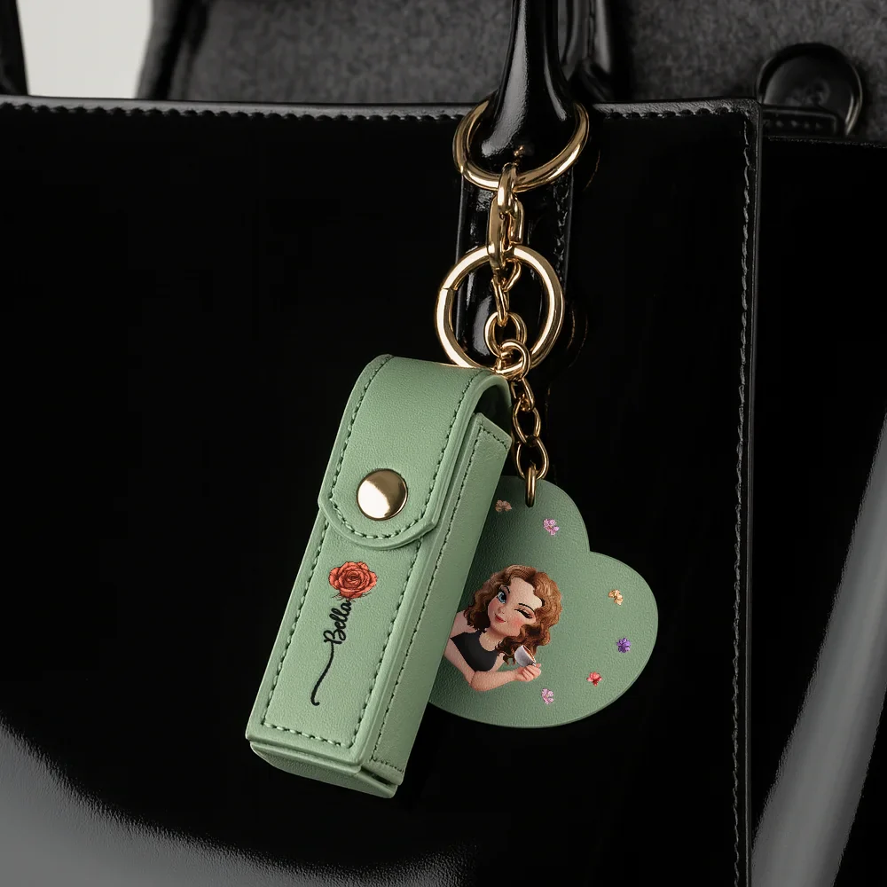Fancy Girl Woman Bloom In Love - Personalized Leather Lipstick Case Keychain With Mirror - Image 4