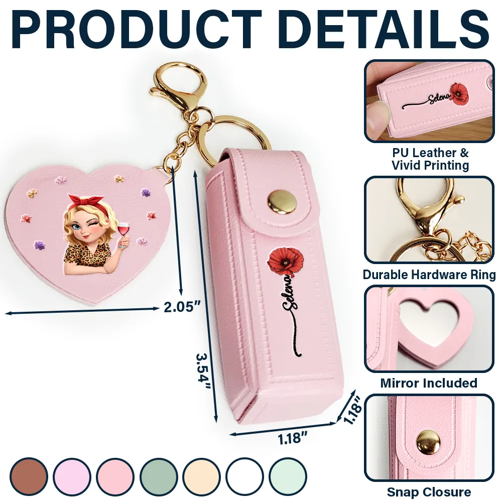 Fancy Girl Woman Bloom In Love - Personalized Leather Lipstick Case Keychain With Mirror - Image 5