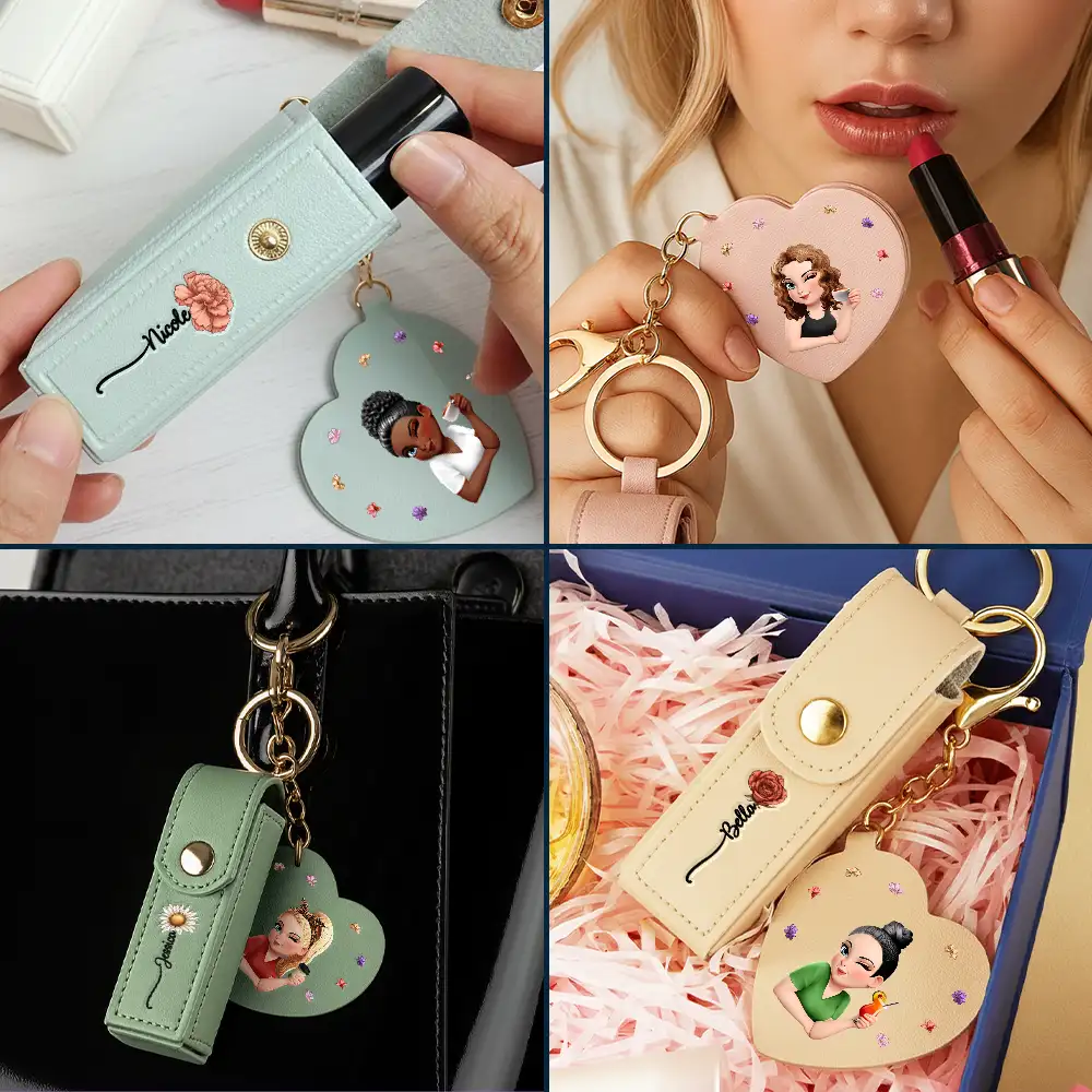 Fancy Girl Woman Bloom In Love - Personalized Leather Lipstick Case Keychain With Mirror - Image 6