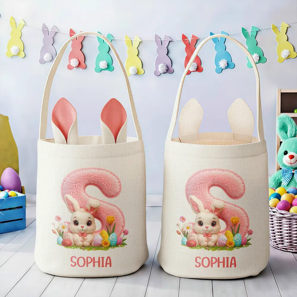 Faux Embroidery Effect Chenille Bunny Alphabet Letters - Personalized Bunny Ears Bucket Bag - Image 3