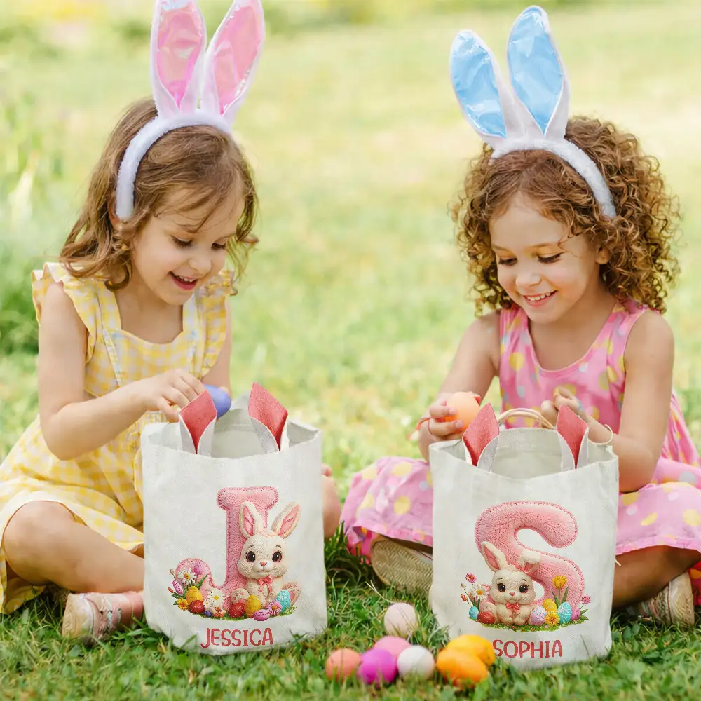 Faux Embroidery Effect Chenille Bunny Alphabet Letters - Personalized Bunny Ears Bucket Bag - Image 6
