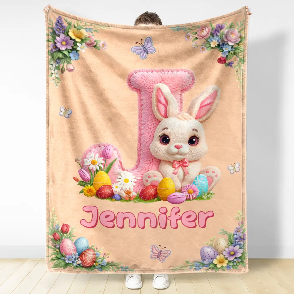 Faux Embroidery Effect Chenille Bunny Alphabet Letters - Personalized Fleece Blanket, Sherpa Blanket - Image 3