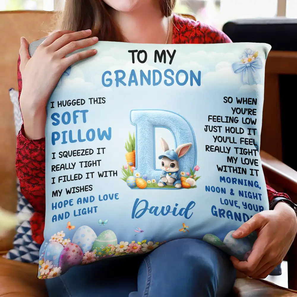 Faux Embroidered Bunny Hugging Initial Letter - Personalized Pillow - Image 2