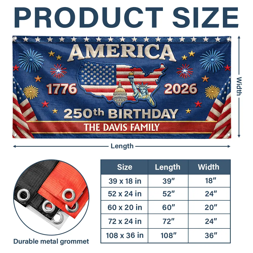 Faux Embroidery Effect 250th Birthday America Family Name - Personalized Horizontal Banner - Image 6