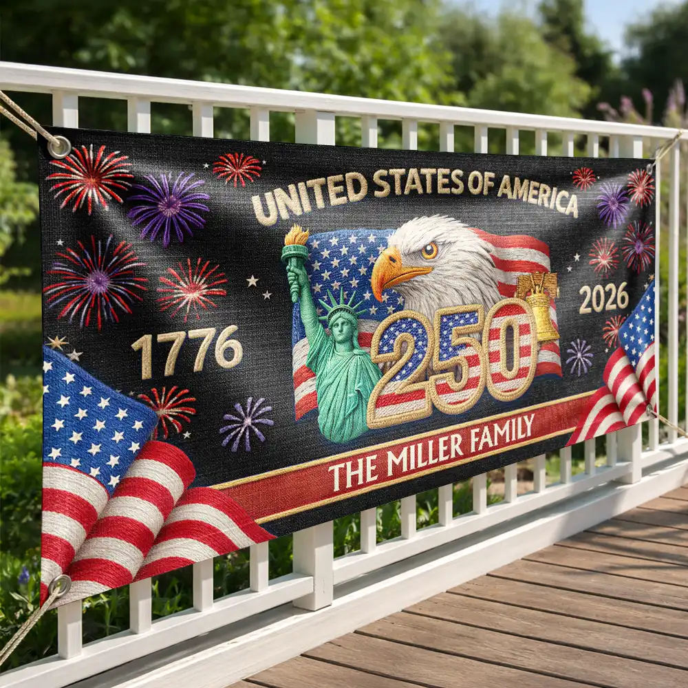 Faux Embroidery Effect America 250th Anniversary Family Name - Personalized Horizontal Banner - Image 3