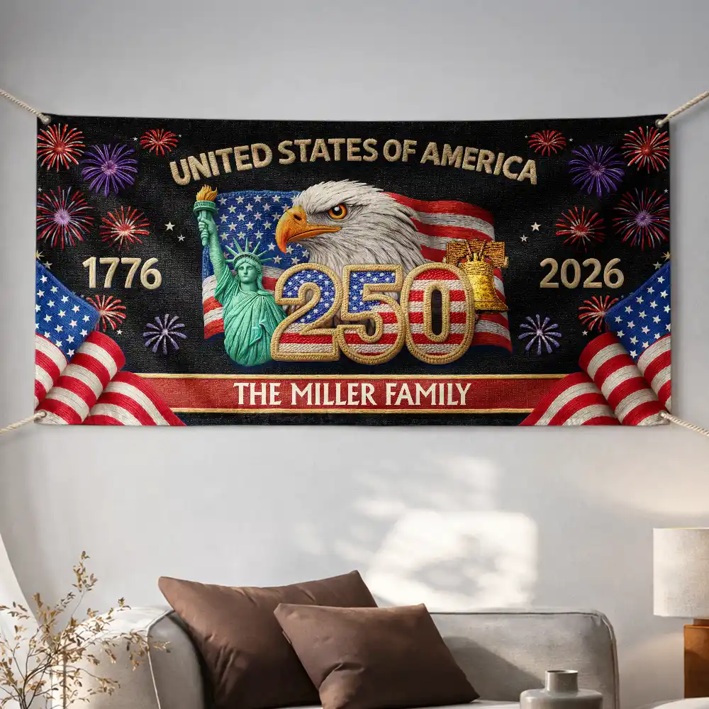 Faux Embroidery Effect America 250th Anniversary Family Name - Personalized Horizontal Banner - Image 5