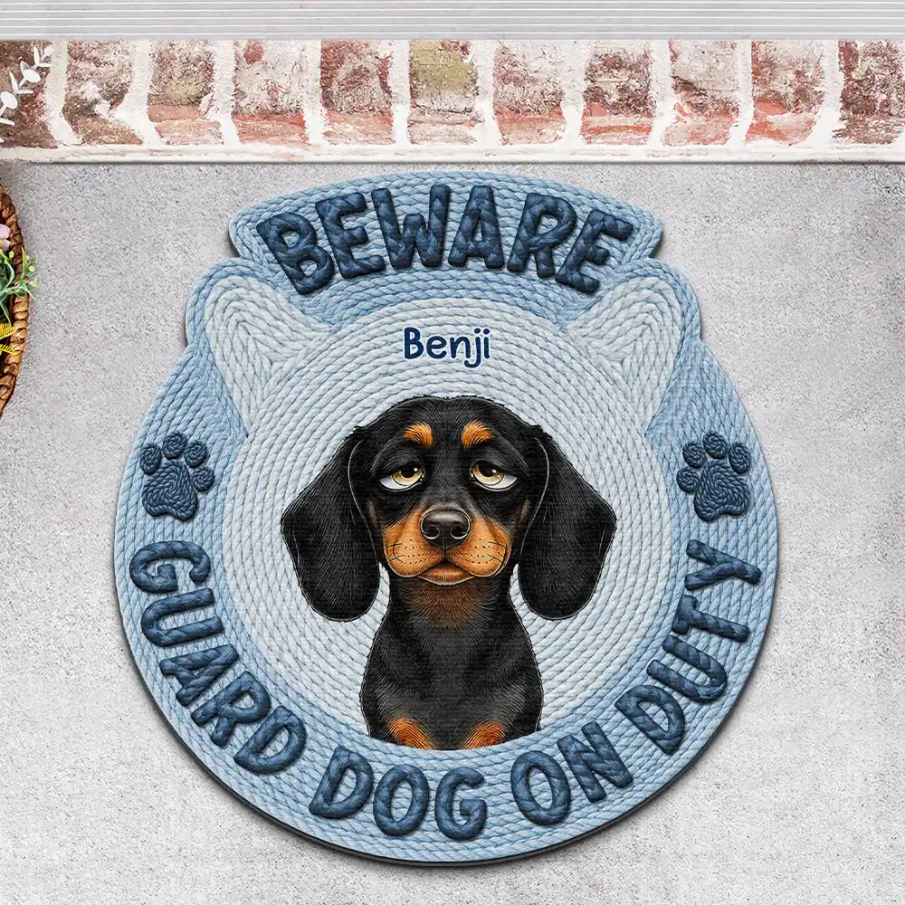 Faux Embroidery Effect Beware Guard Dogs Cats On Duty - Personalized Custom Shaped Doormat - Image 3