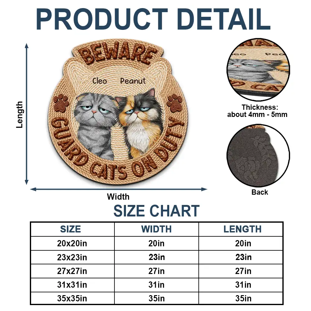 Faux Embroidery Effect Beware Guard Dogs Cats On Duty - Personalized Custom Shaped Doormat - Image 4