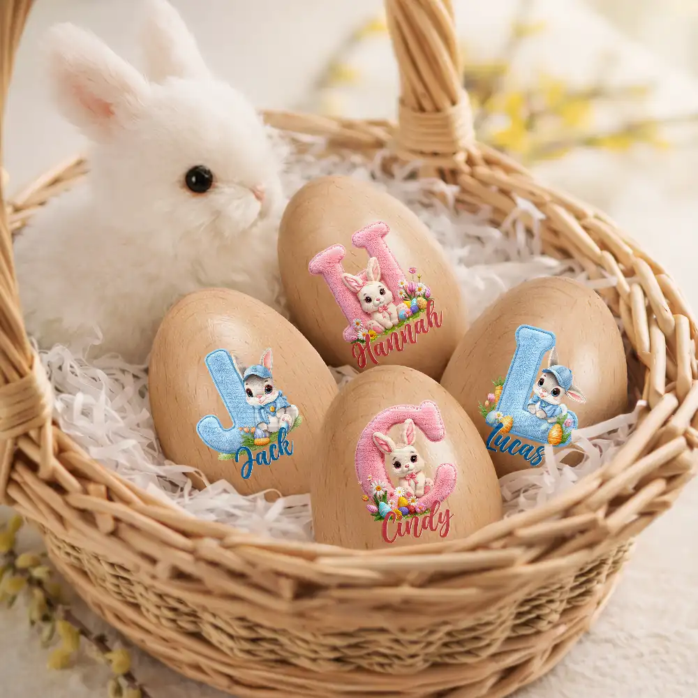Faux Embroidery Effect Chenille Bunny Alphabet Letters - Personalized Musical Wooden Easter Egg Shaker - Image 2