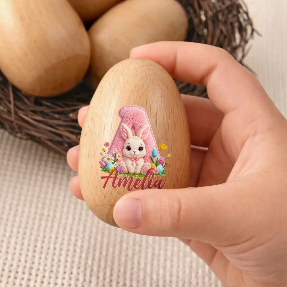 Faux Embroidery Effect Chenille Bunny Alphabet Letters - Personalized Musical Wooden Easter Egg Shaker - Image 3