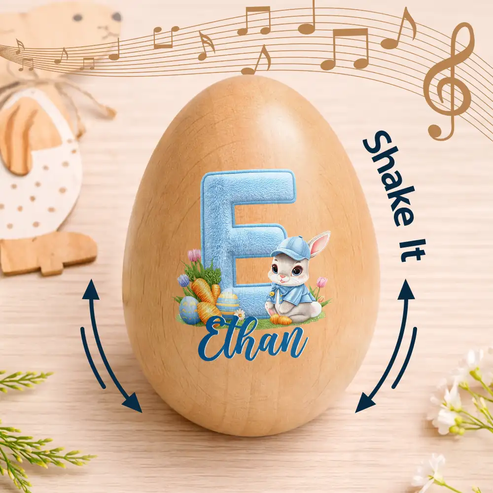 Faux Embroidery Effect Chenille Bunny Alphabet Letters - Personalized Musical Wooden Easter Egg Shaker - Image 4