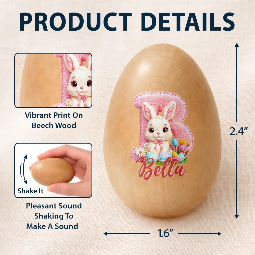 Faux Embroidery Effect Chenille Bunny Alphabet Letters - Personalized Musical Wooden Easter Egg Shaker - Image 5
