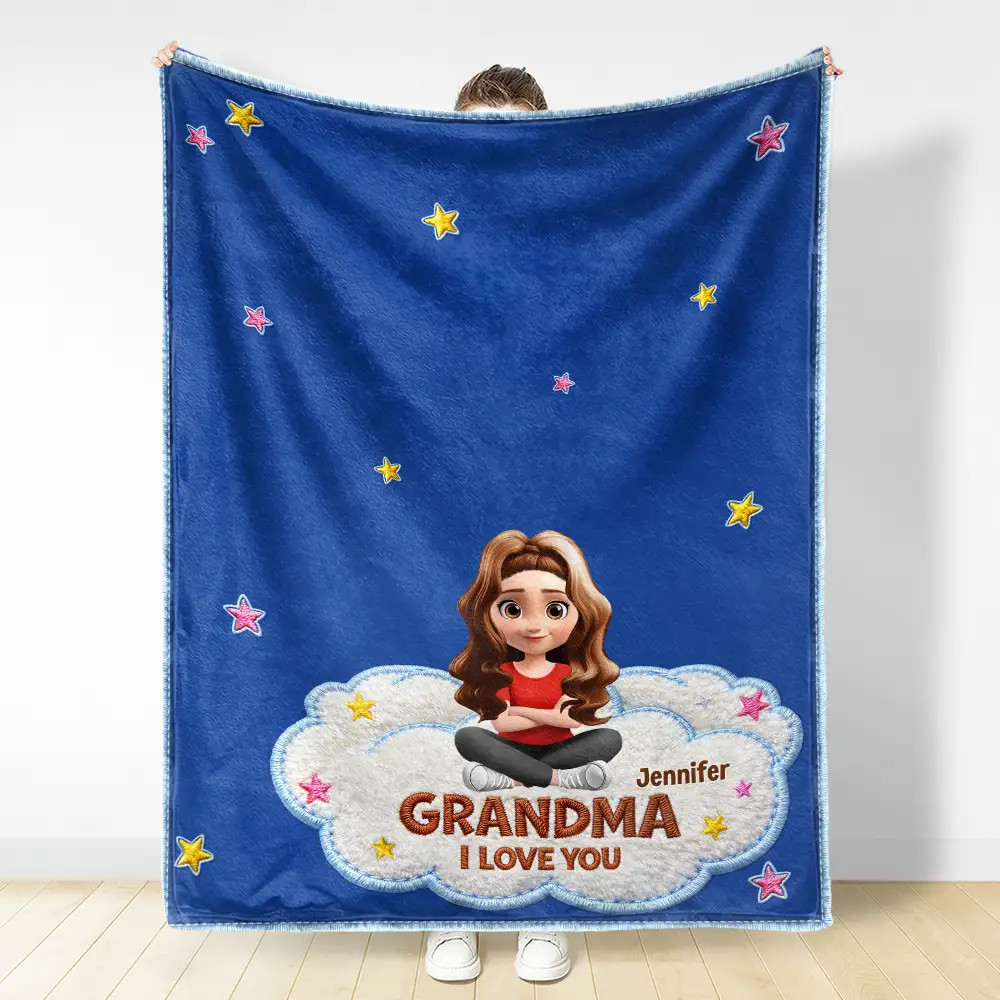 Faux Embroidery Effect Grandkids Mom Grandma We Love You - Personalized Fleece Blanket, Sherpa Blanket - Image 3