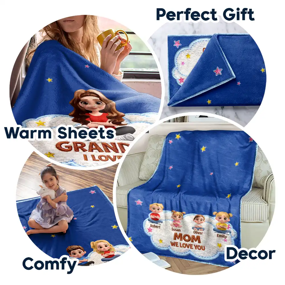Faux Embroidery Effect Grandkids Mom Grandma We Love You - Personalized Fleece Blanket, Sherpa Blanket - Image 7