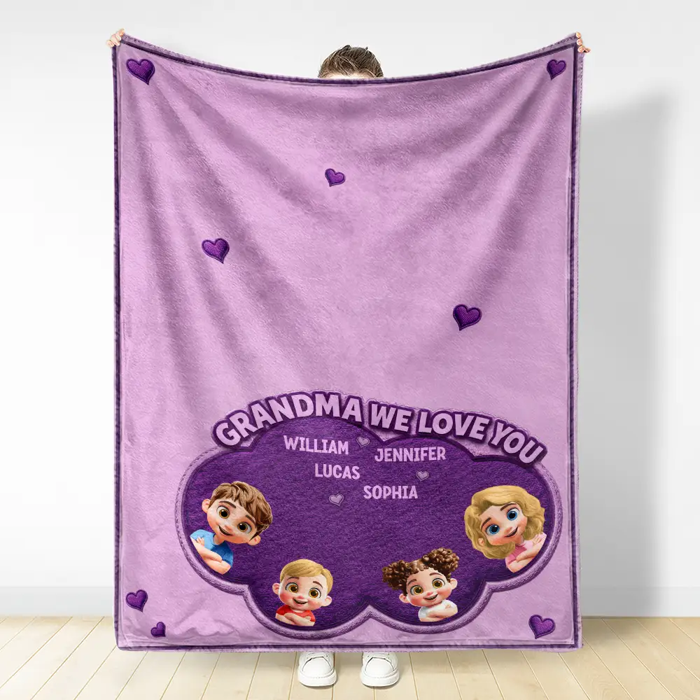Faux Embroidery Effect Mom Grandma We Love You - Personalized Fleece Blanket, Sherpa Blanket - Image 3