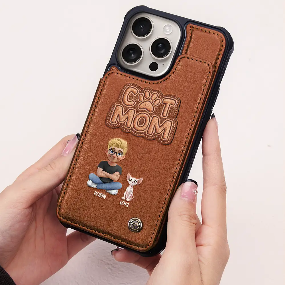 Faux Embroidery Effect Pet Mom Pet Dad - Personalized Leather Flip Wallet Phone Case - Image 2
