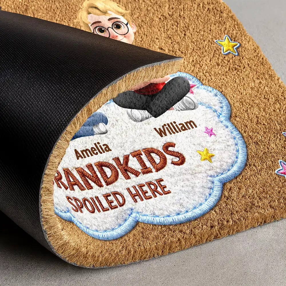 Faux Embroidery Effect Spoiled Grandkids Live Here - Personalized Coconut Doormat - Image 4