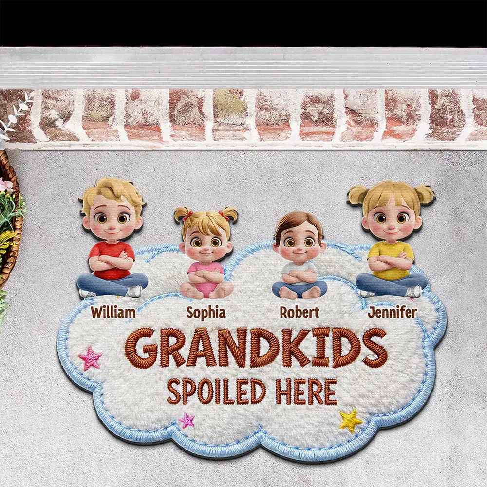 Faux Embroidery Effect Spoiled Grandkids Live Here - Personalized Custom Shaped Doormat - Image 3