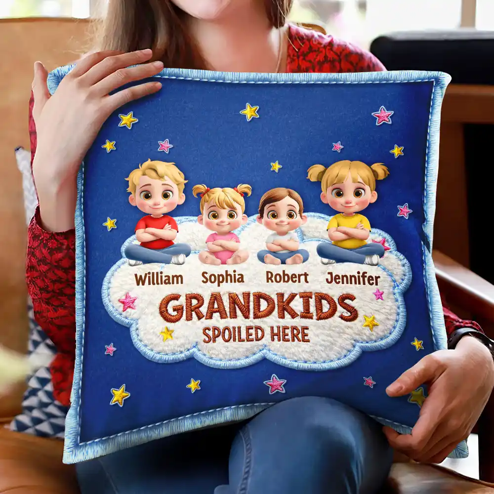 Faux Embroidery Effect Spoiled Grandkids Live Here - Personalized Pillow - Image 2