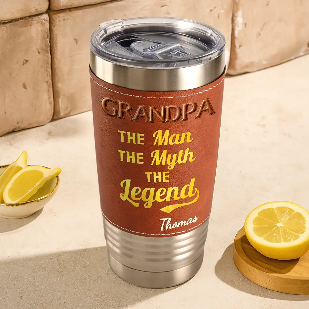 Faux Embroidery Effect The Man The Myth The Legend - Personalized Leather Tumbler - Image 3