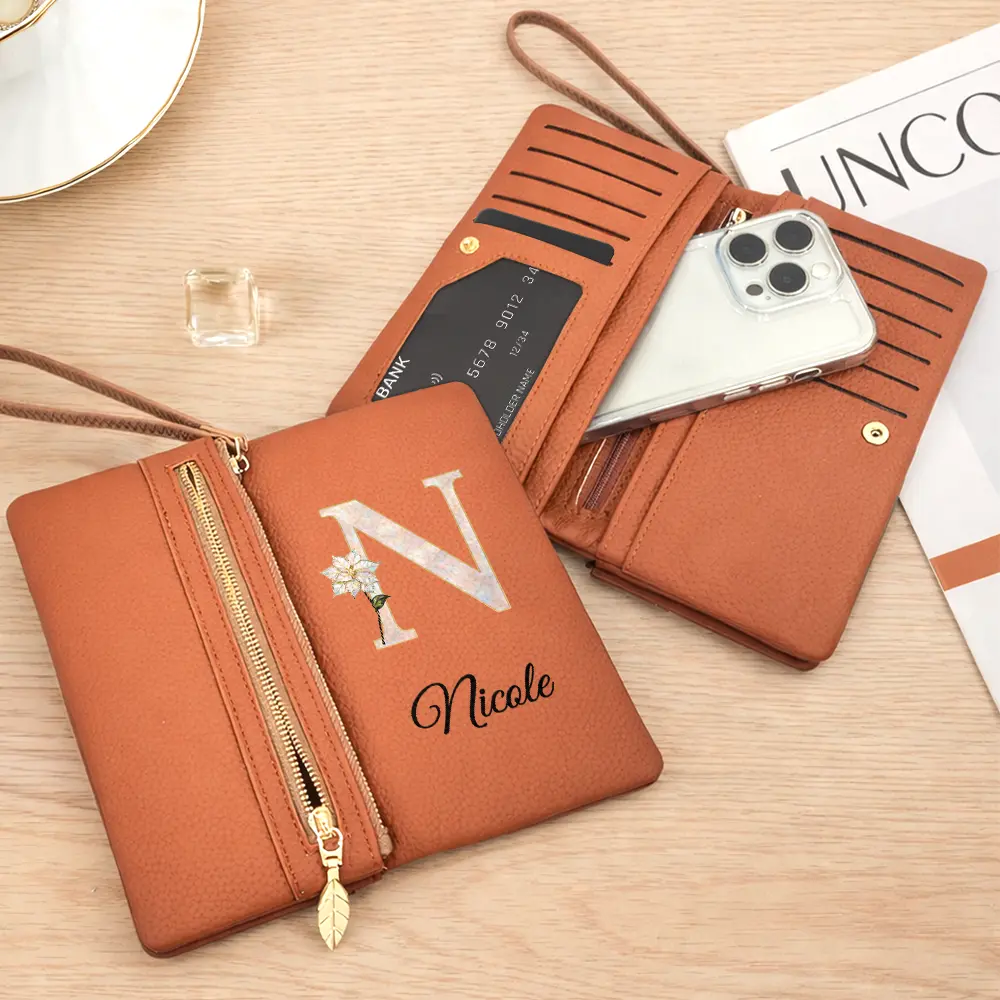 Faux Pearl Effect Birth Month Flower And Name - Personalized Tri-Fold PU Leather Wristlet Wallet - Image 4
