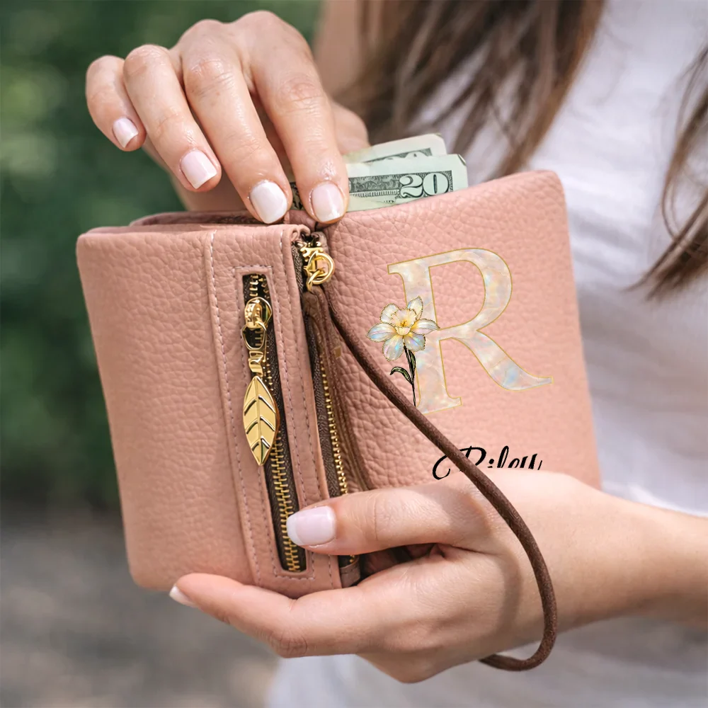 Faux Pearl Effect Birth Month Flower And Name - Personalized Tri-Fold PU Leather Wristlet Wallet - Image 6