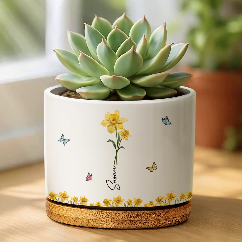 Faux Pressed Birth Flower My Daughter Forever - Personalized Ceramic Plant Pot - Image 2