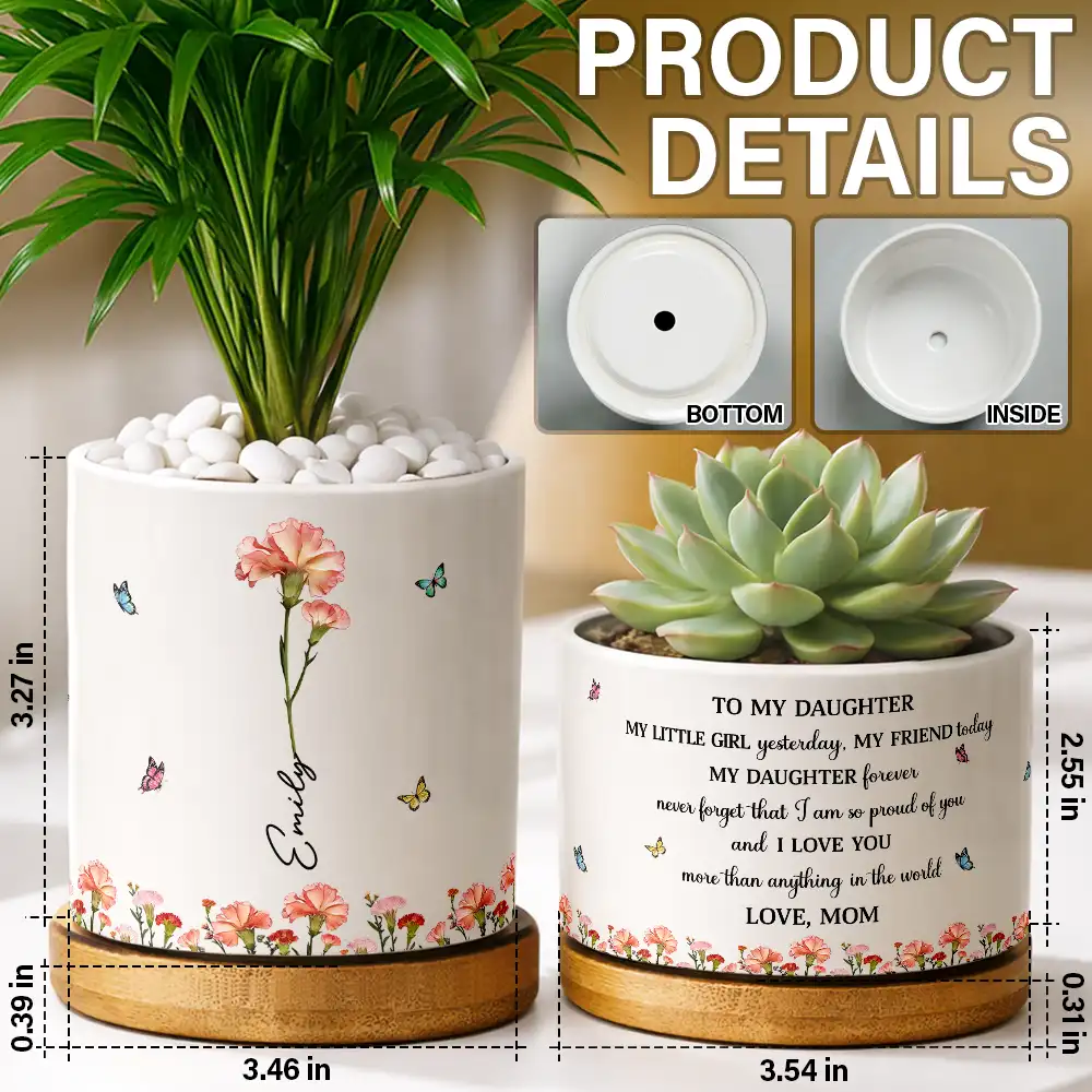 Faux Pressed Birth Flower My Daughter Forever - Personalized Ceramic Plant Pot - Image 5