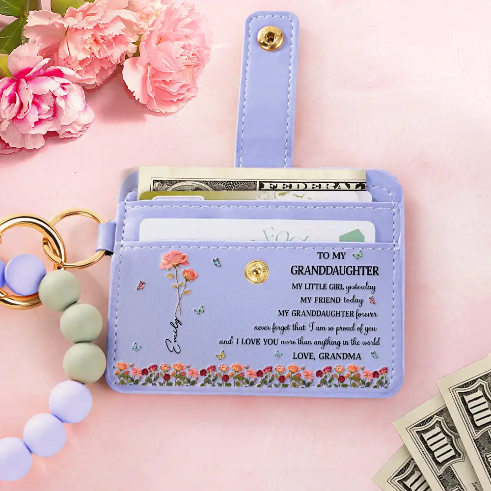 Faux Pressed Birth Flower My Daughter Forever - Personalized Keychain Wristlet Leather Wallet - Image 2