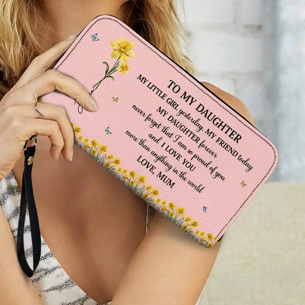 Faux Pressed Birth Flower My Daughter Forever - Personalized Leather Long Wallet - Image 3