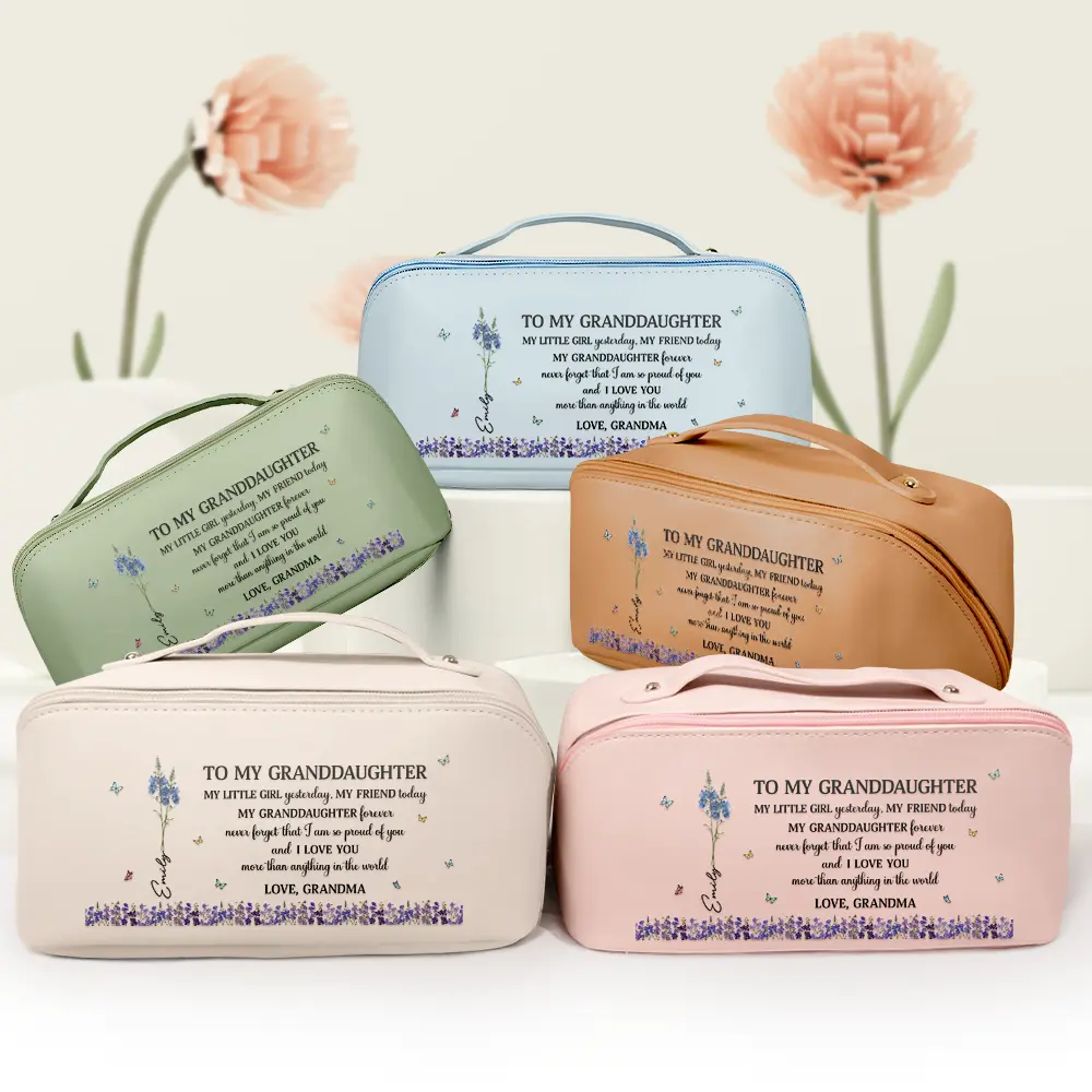 Faux Pressed Birth Flower My Daughter Forever - Personalized Leather Makeup Bag - Image 3