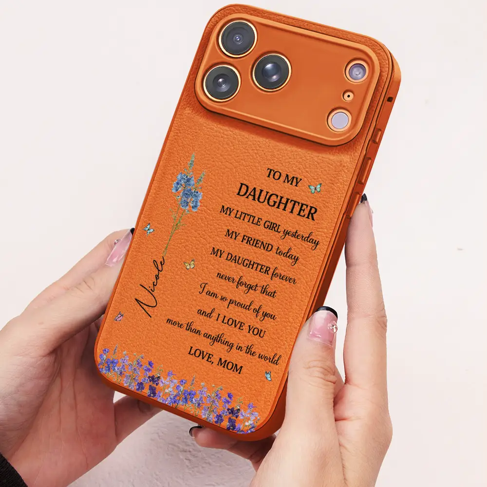 Faux Pressed Birth Flower My Daughter Forever - Personalized Leather Phone Case - Image 2