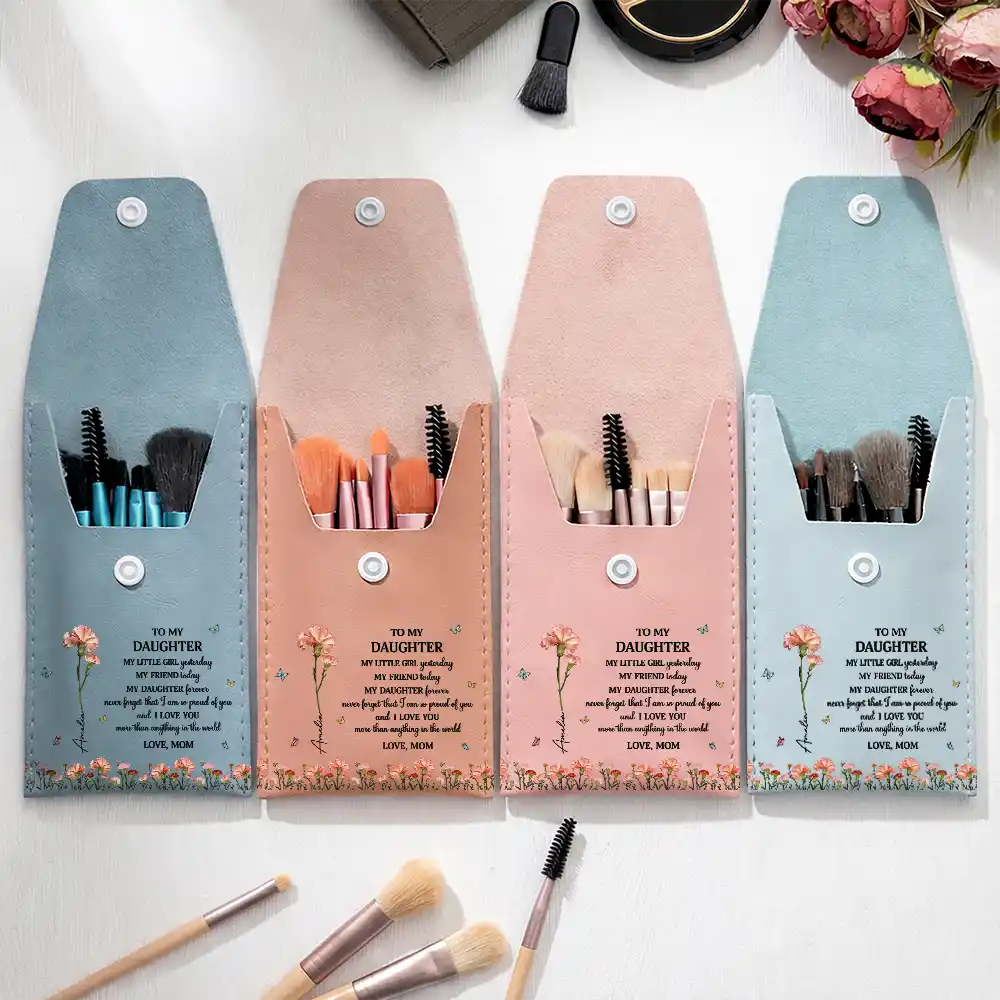 Faux Pressed Birth Flower My Daughter Forever - Personalized Makeup Brush Bag Set - Image 3