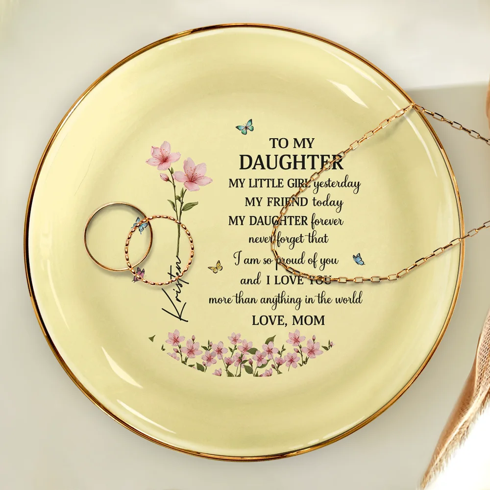 Faux Pressed Birth Flower My Daughter Forever - Personalized Ring Dish - Image 4