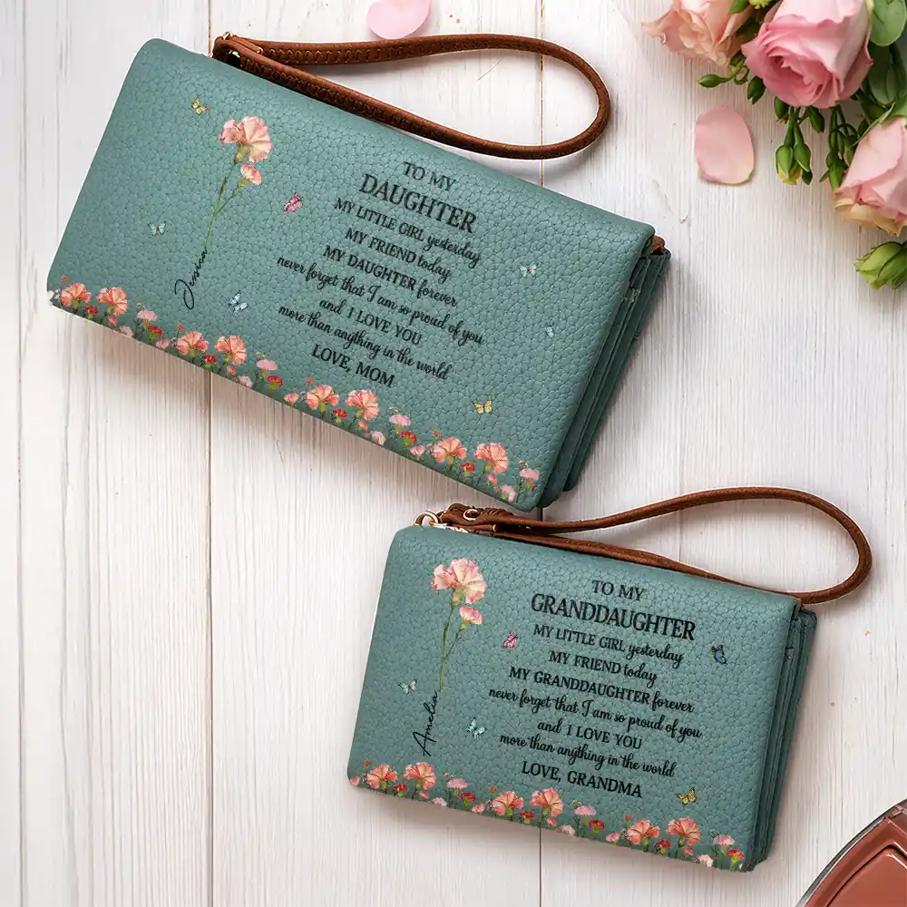 Faux Pressed Birth Flower My Daughter Forever - Personalized Tri-Fold PU Leather Wristlet Wallet - Image 2