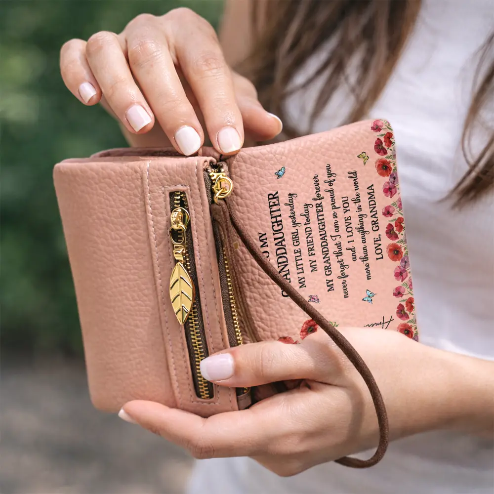 Faux Pressed Birth Flower My Daughter Forever - Personalized Tri-Fold PU Leather Wristlet Wallet - Image 6
