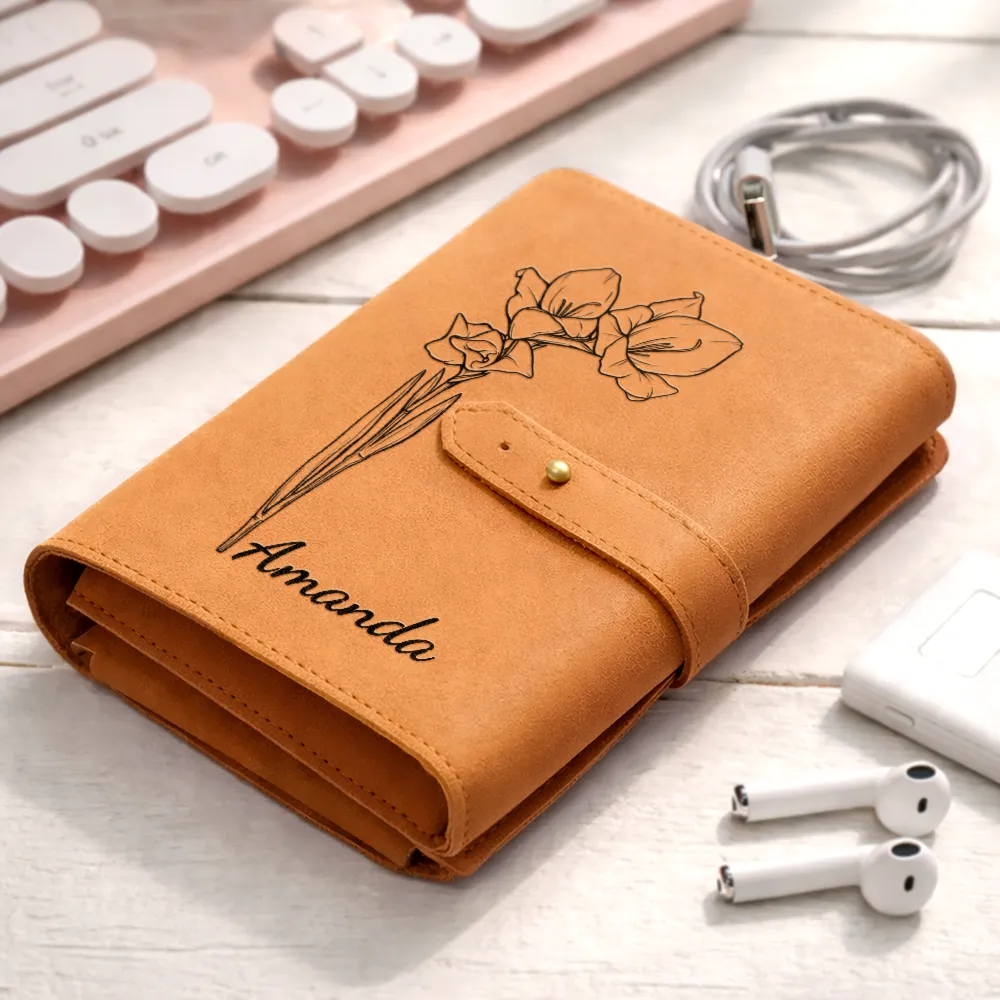 Faux Pressed Effect Birth Flower Blooming In Love - Personalized Leather Cable Bag - Image 2